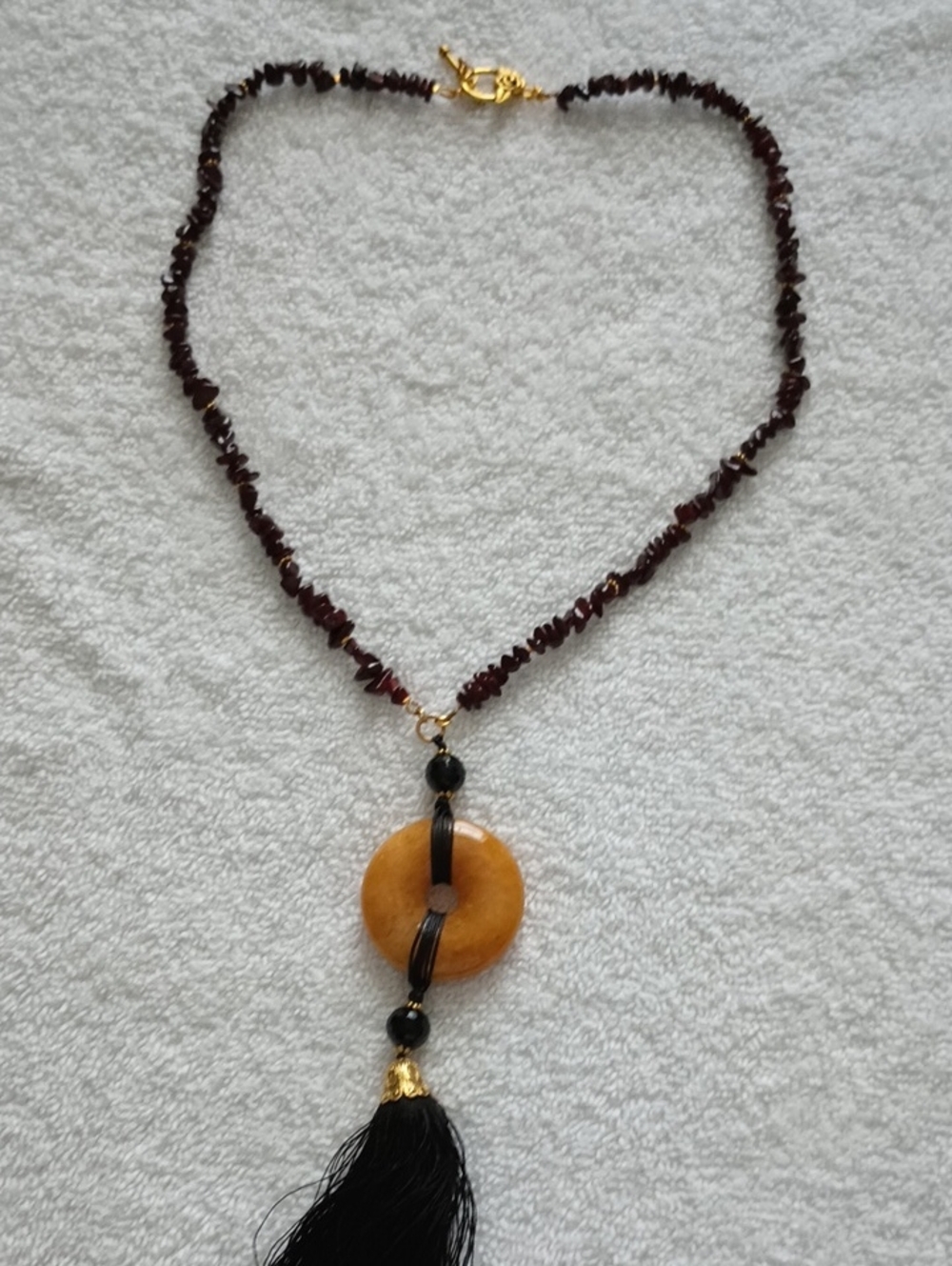 Boho Garnet Bead Necklace with Amber Pendant and Black Tassel